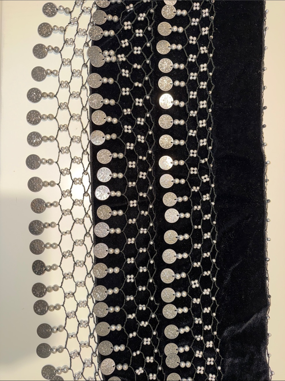 Black Velvet Coin Chain Waist Belt with Silver Discs Bellydance